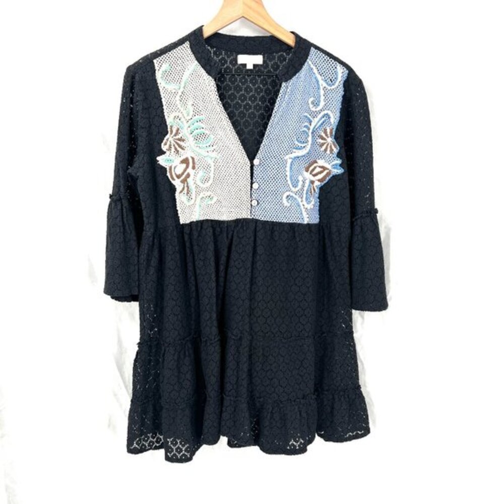 Velzera lace boho mini dress tiered babydoll sheer embroidered beaded festival M